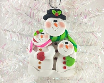 Clay Snowman Family Christmas Ornament - Snow Family of Three - Gift Family of Three - Family Ornament - Snowman Collector Ornament - 5292