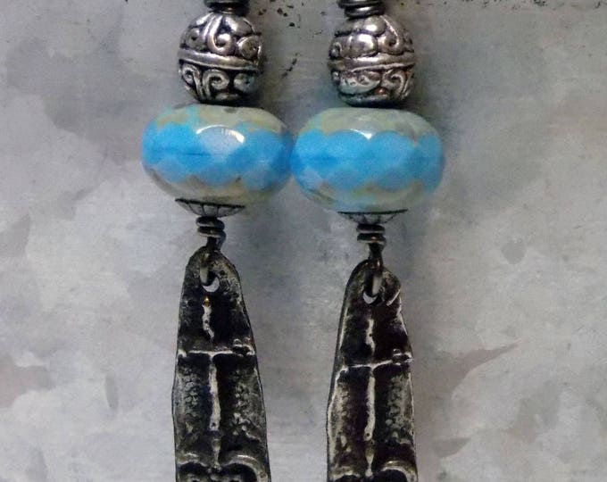 Pewter Cross Earrings Rustic Artisan Cross Earrings Czech Glass Drop Boho Earrings