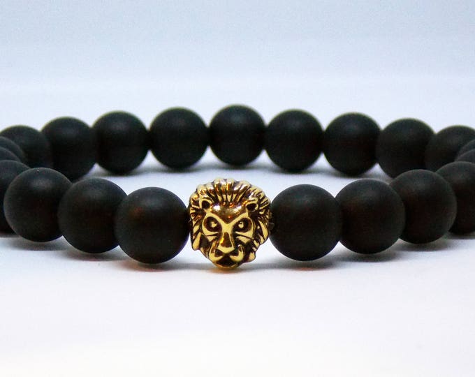 Mens Bracelet, Gold Lion Head Bracelet, 10mm Matte Agate Gemstone Beaded Bracelet, Mens Jewelry, Rocker Bracelet, Woodland Bracelet