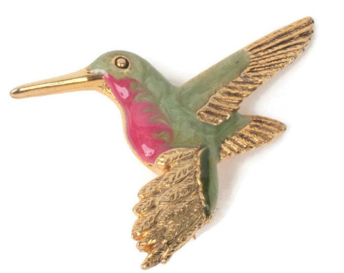 Enameled Hummingbird Pin Green Red Brooch Vintage