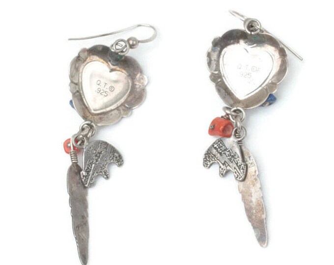 Southwestern Style Dangle Earrings Heart Feather Bear Stones Signed QT Vintage