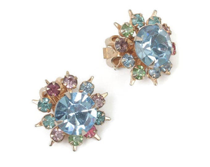 Blue Rhinestone Earrings Multi Color Rhinestones Starburst Design Vintage