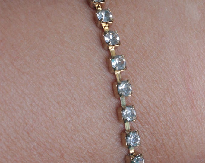 Clear Crystal Rhinestone Tennis Line Bracelet Gold Tone Metal 7 Inch Vintage