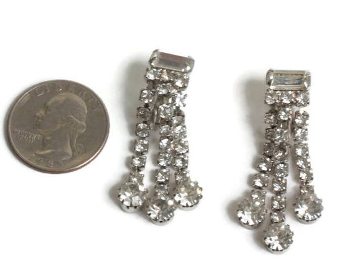 Clear Rhinestone Crystal Dangle Earrings Three Strands Baguettes Chatons Vintage