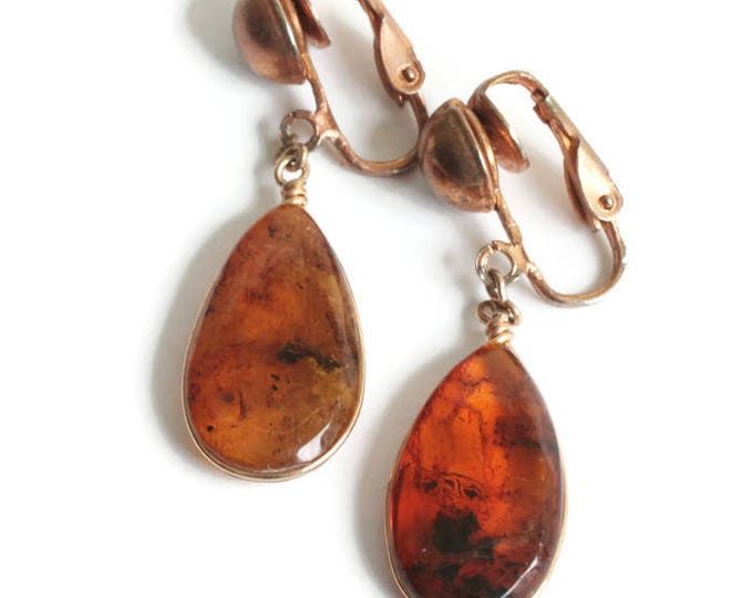 Vintage Amber Drop Dangle Earrings Clip On