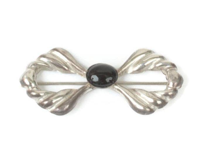 Sterling Silver and Onyx Bow Pin Brooch Open Repousse Design Vintage