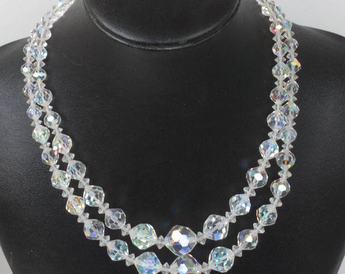 Two Strand AB Crystal Choker Necklace Faceted Graduated Beads