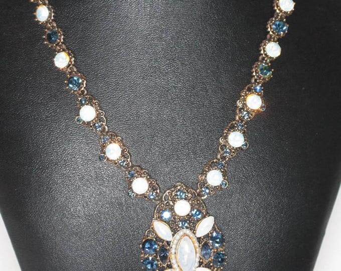 Blue Rhinestone Opalescent Stone Necklace Unsigned Weiss Fancy Setting Antiqued Gold Tone