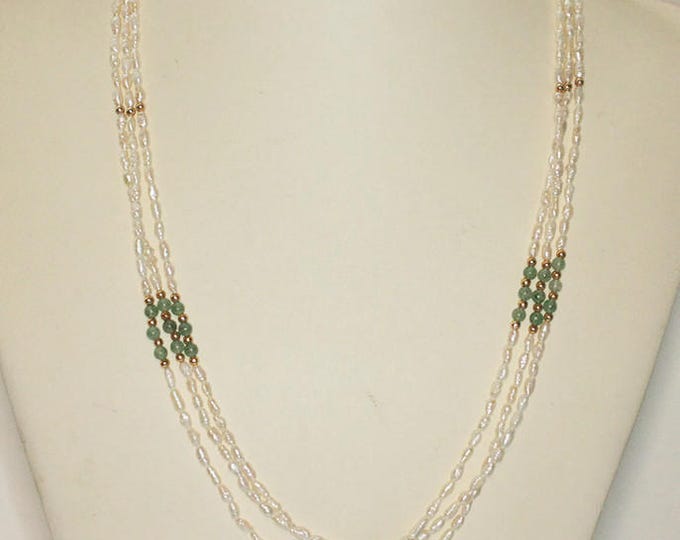 Rice Pearl and Green Aventurine Set Necklace Bracelet Gold Plated Beads Demi Parure