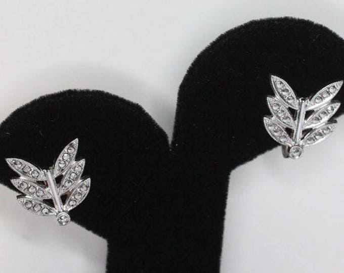 Marcasite Sterling Leaf Design Earrings Screw Back Vintage