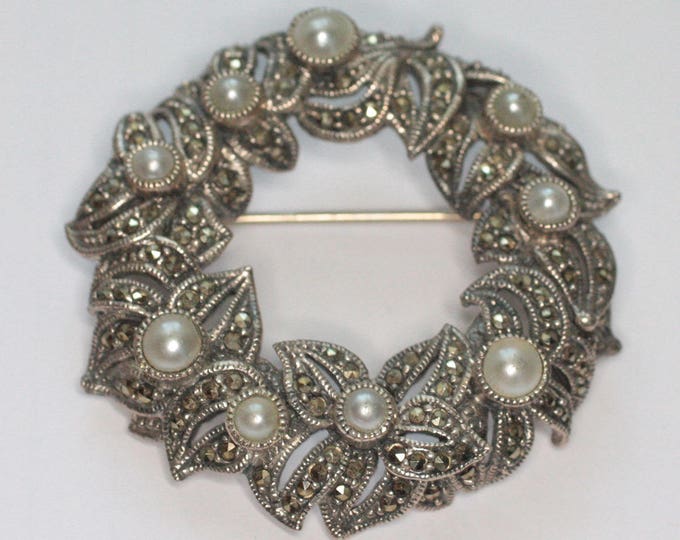 Marcasite Faux Pearl Sterling Brooch Judith Jack Wreath Circle Pin Vintage