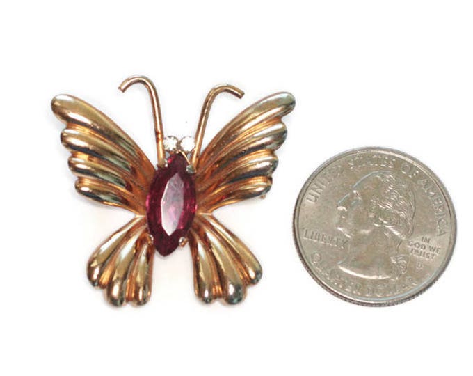 Small Dark Pink Rhinestone Butterfly Pin Signed Coro Vintage