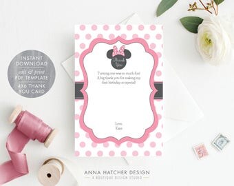 Minnie Mouse Thank You Card, Double sided 4x6 Editable thank you notes, PDF template minnie mouse card, DIY PDF Editable Thank You, BDAY1A