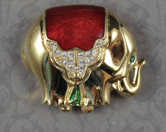 Vintage Early 1990s Estee Lauder Beautiful Red and Gold Enamel Elephant Rhinestone Solid Perfume Compact