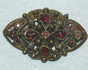 Antique Victorian Brooch, Amethyst Rhinestone Brooch, C Clasp Gold, Vintage old jewelry