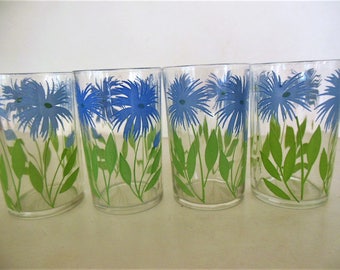 4 Swanky Swigs Juice Glasses, Cornflower Blue Flower, Green Leaves