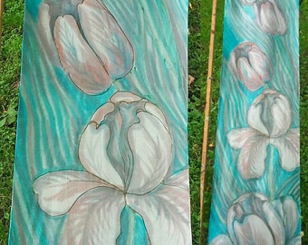 Tulips hand painted silk scarf/ wall hanging. Turquoise blue mint green scarf with pastel pink tulip flowers by silkartist SingingScarves
