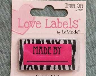 SALE Made By Iron On Label Pink With Animal Stripes Package Set of 4 Woven Labels by La Mode Polyester Washable and Dry Cleanable