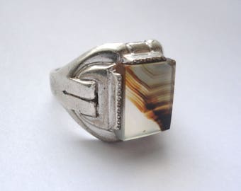 Deco Moss Agate Sterling Men's Ring - Size 8.5