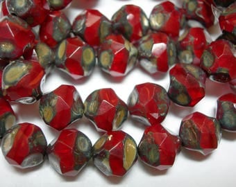 15 9mm Red Opal Travertine Firepolished Thru Cuts Czech Glass Beads