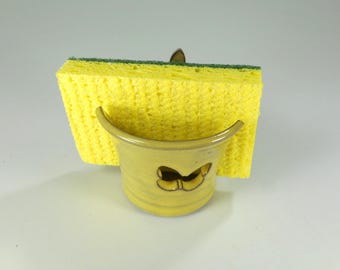 Ceramic sponge holder, pottery sponge keeper, yellow stoneware sponge dish, kitchen sponge holder with butterfly, bathroom sponge holder