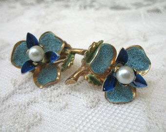 Vintage Enamel and Pearl Flower Earrings ~ Blue ~ Clip On