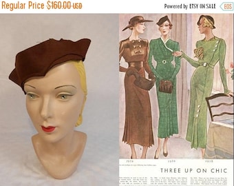 WW2 ENDS SALE Off In the Distance She Stares - Vintage 1930s Espresso Brown Wool Felt Slouch Calot Hat