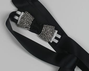 Rhinestone Bow Sash Belt,Striped Sash Belt,Striped Grosgrain Bow, Wedding Accessories,Bridal Sash Belt, Black And White Sash Belt,Bow
