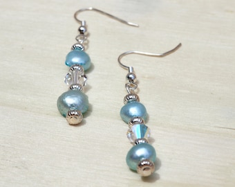 Blue Freshwater Pearl Earrings w/Crystals
