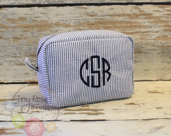 Monogrammed Navy Seersucker Cosmetic Bag, Personalized Makeup Case - Bridesmaid, Wedding, Birthday, Graduation