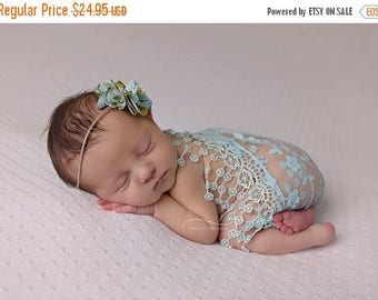 ON SALE Aqua lace wrap with matching tie back, wrap and headband set, newborn photo prop, baby girl prop, lace wrap, baby headband