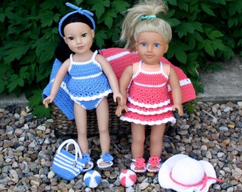 Beach Set for 18 inch Doll pdf PATTERNS (digital download), sunsuit, swimsuit, sandals, hat, beach ball, beach bag, crochet