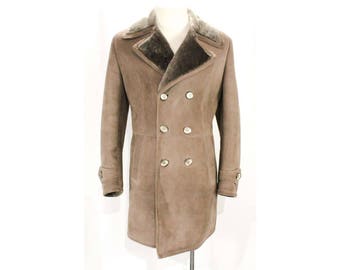 Men's Medium Shearling Coat - Rugged 1960s Gray Mens Winter Jacket - Fall & Winter - Grey Suede - Leather - Sheep's Fur - Chest 42 - 49002