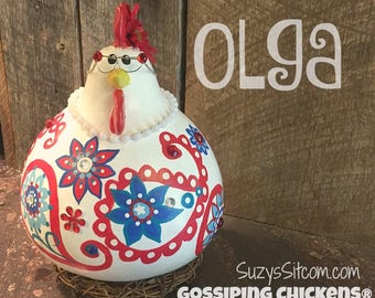 chicken, hen, rooster, bird, gourd, gourd art, paisley, red, white, blue, patriotic, decoration