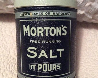 Vintage MORTON'S Salt Tin Container Blue Cream Americana Advertising
