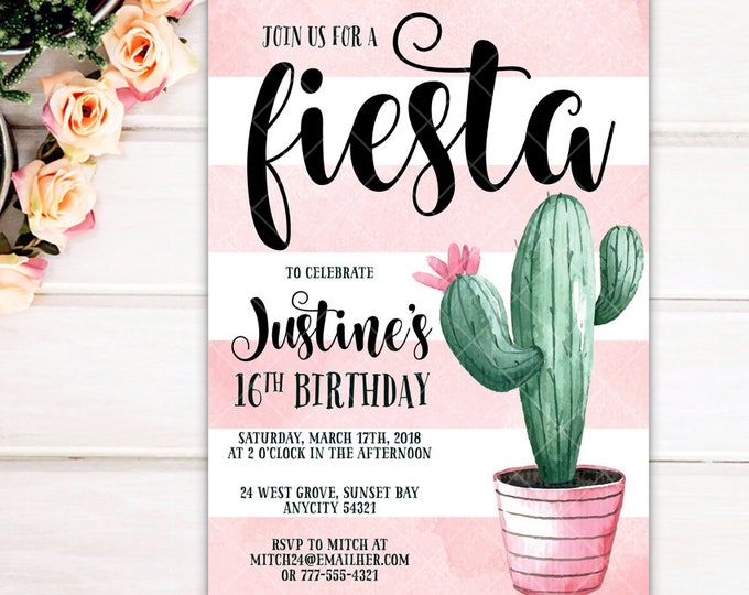 Cactus Birthday Invitation, Girl Fiesta Birthday Invitation, Fiesta Birthday Invitation, Fiesta Cactus Party Printable Invitation