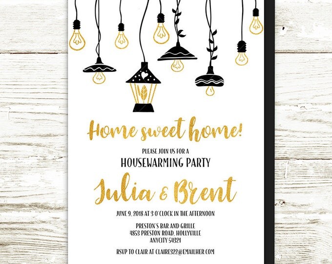Housewarming Party Invitation, Black White and Gold Housewarming Invitation, Lantern String Lights Black White and Gold Printable Invitation