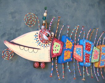 Bone Fish, MADE to ORDER, Original Found Object Wall Sculpture, Wood Carving, Wall Decor, by Fig Jam Studio