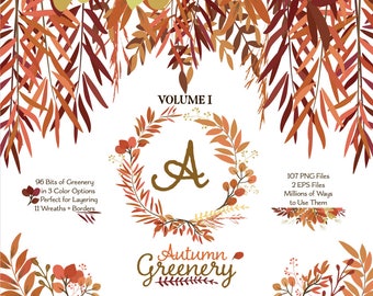 Greenery Clipart | Autumn Leaves ClipArt | Fall Leaf Wreath, Botanicals for Stationery, Wedding Invites, and Products | Greenery Clip Art