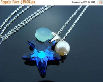 Swarovski Crystal Starfish Aqua Blue Chalcedony Sterling Silver Beach Necklace