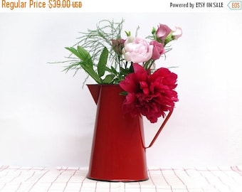 Vintage French red Enamelware water pitcher, red enamel vase