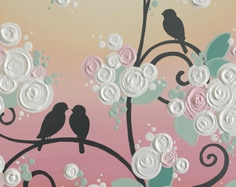 Mint Green and Peach Birds on a Branch, Original Painting on Canvas, 16x20" Ready to ship