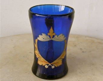 GLASS CIDER MUG Cup Glass Cobalt Blue Hand Blown & Painted Gold Blue Red Center Crest Rare American Glass 18th Century 1700's