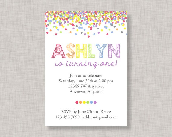 Confetti Birthday Invitation, Rainbow Invitation, Rainbow Birthday Invitation Il_570xn