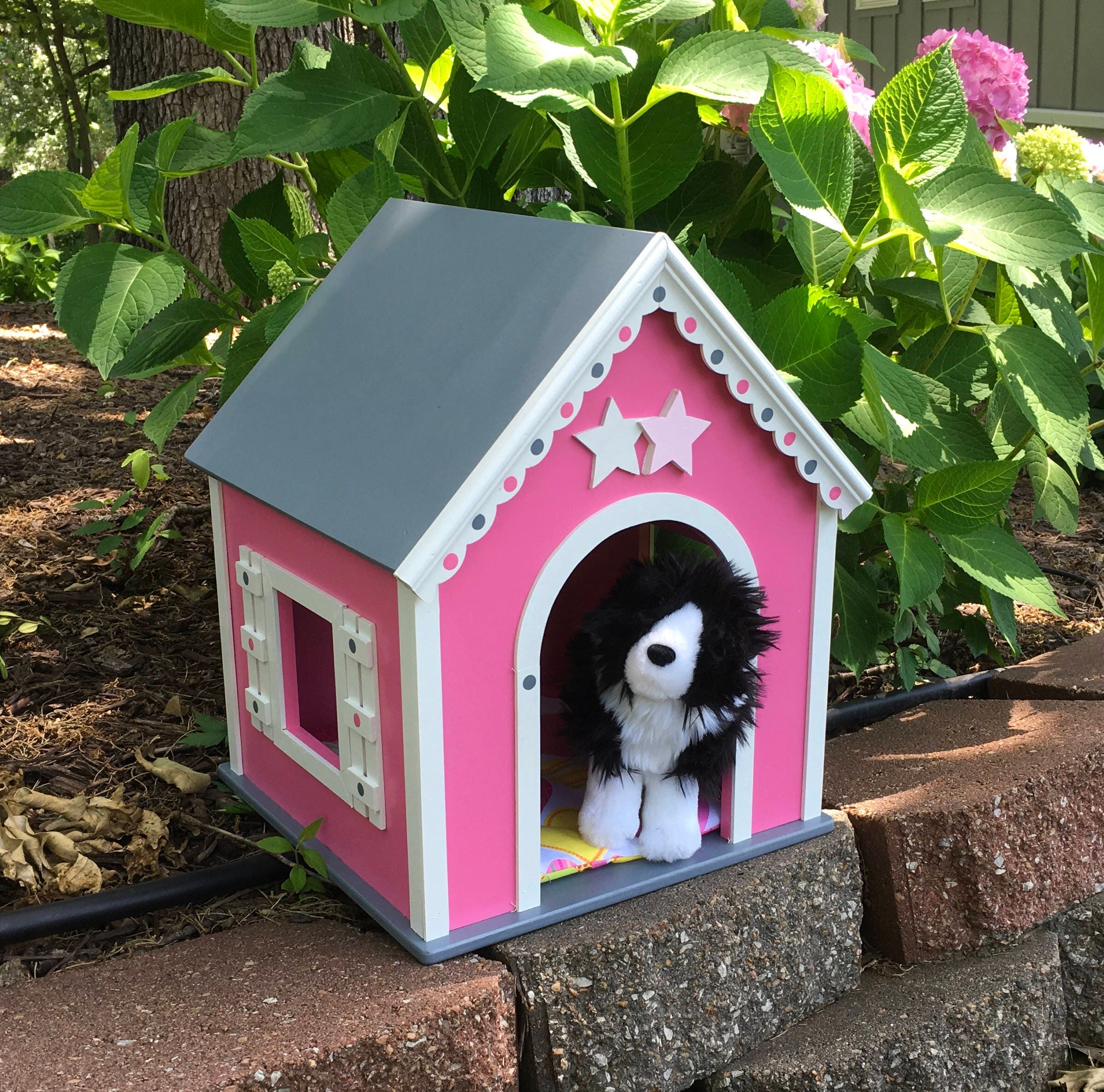 American Girl Doll Dog House large pink gray and white