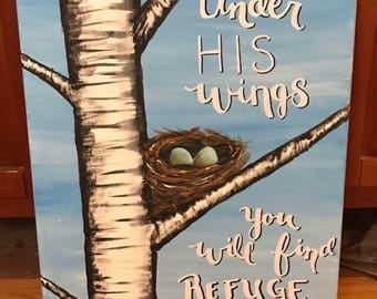 Under His Wings - Birch Tree Birds Nest Acrylic Painting