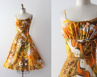 vintage 1950s sun dress // 50s orange abstract day dress