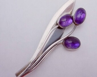 Vintage Sigi Pineda Taxco Mexican Sterling Silver Amethyst Modernist Pin 23058