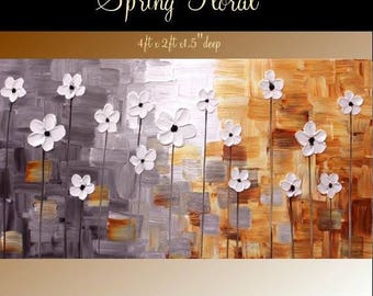 SALE XL Original Modern 48" palette knife signature floral impasto oil painting Shades of Grays,whites,rust shades, by Nicolette Vaughan Hor
