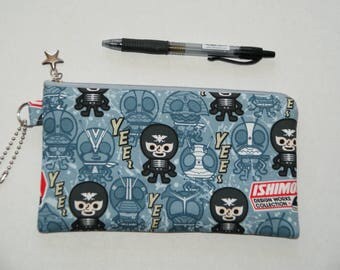 Padded Zipper Pouch / Pencil Case / Cosmetic Bag Made with Japanese Cotton Oxford Fabric "Shocker - Kamen RIders" Smoky blue